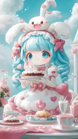 Sweet pastel tea party girl shares cakes with a bunny friend