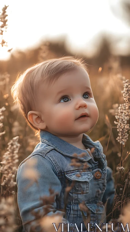 Young Child in Field with Dried Vegetation.