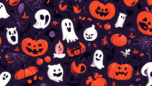 Playful Halloween ghosts and pumpkins share a spooky smile