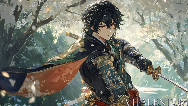 Samurai warrior stands in ornate armor beneath cherry trees