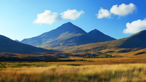 Mountain range with grassy plain under clear blue sky.