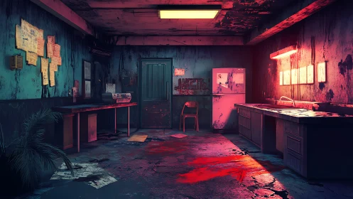 Moody neon-lit kitchen where mystery lingers quietly.