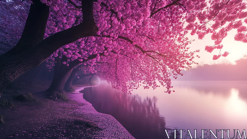 Cherry blossoms curve over calm riverside path at sunrise