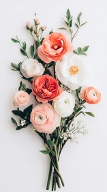 Coral Pink White Ranunculus Bouquet Arranged Overhead.