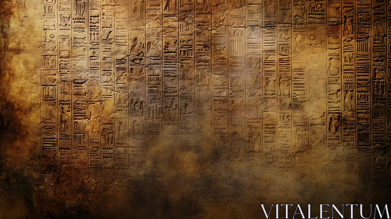 Weathered stone wall with engraved Egyptian hieroglyphs.