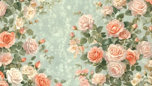 Floral composition with pale roses on muted green background.