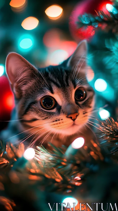 Tabby kitten amid glowing teal and orange holiday lights.