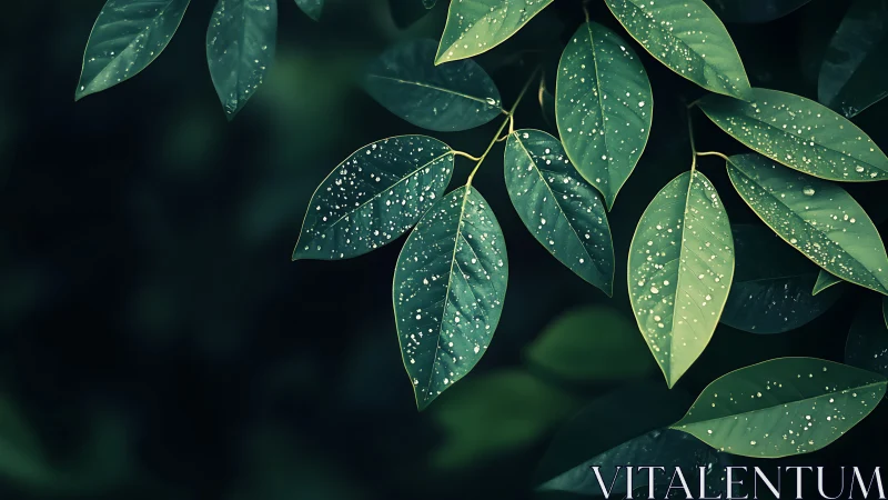 Glistening green leaves whisper after gentle summer rain