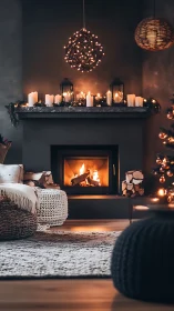 Modern living room fireplace with candles and warm lighting
