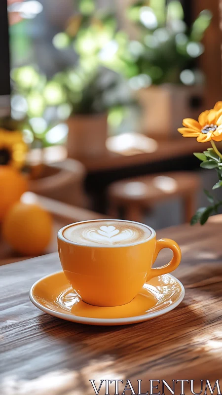 Yellow coffee cup with latte art on wooden caf&eacute; table.