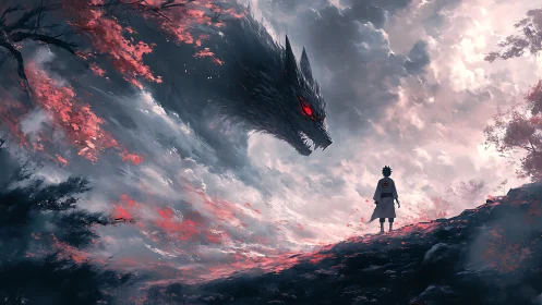 Stormlit ridge confrontation with spectral wolf entity