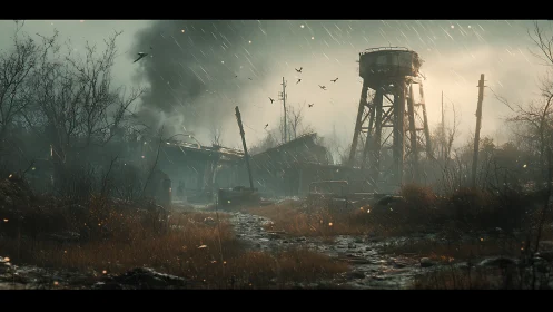 Stormlit ruined industrial outpost stands in desolate marsh