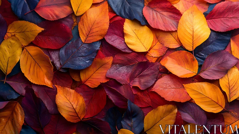 Colorful overlapping autumn leaves in close-up pattern.