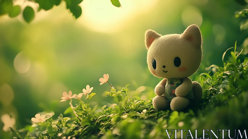 Mossy meadow daydream with soft toy kitten guardian.