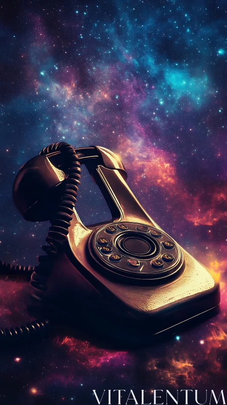 Retro rotary telephone drifting in vivid cosmic nebulae.