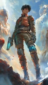 Fearless young space ranger stands ready on a glowing cliff