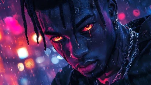 Digital portrait depicts figure with glowing eyes in rain