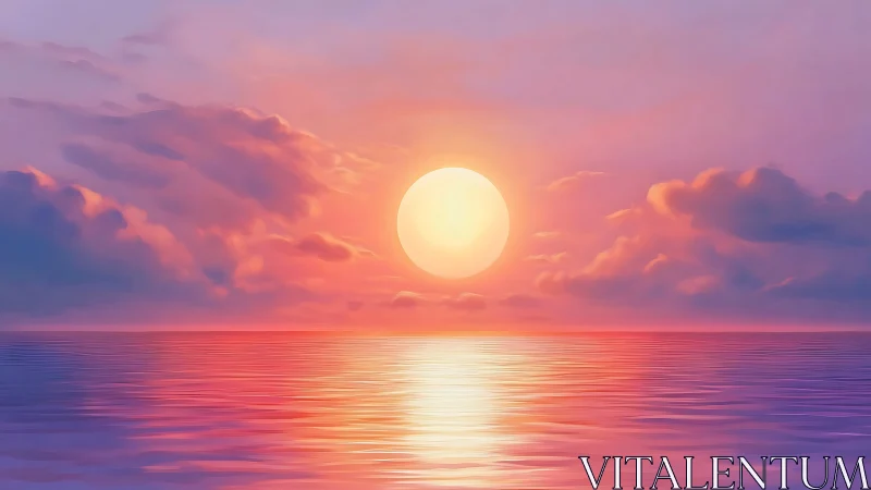 Radiant pastel sunset gently glows above a calm reflective sea