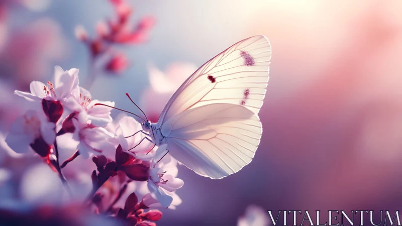 White butterfly rests on pink blossoms under soft sunlight