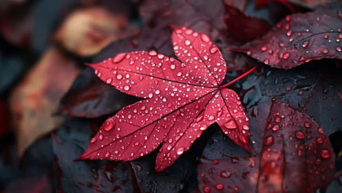 Red leaf with water droplets lies on darker wet foliage