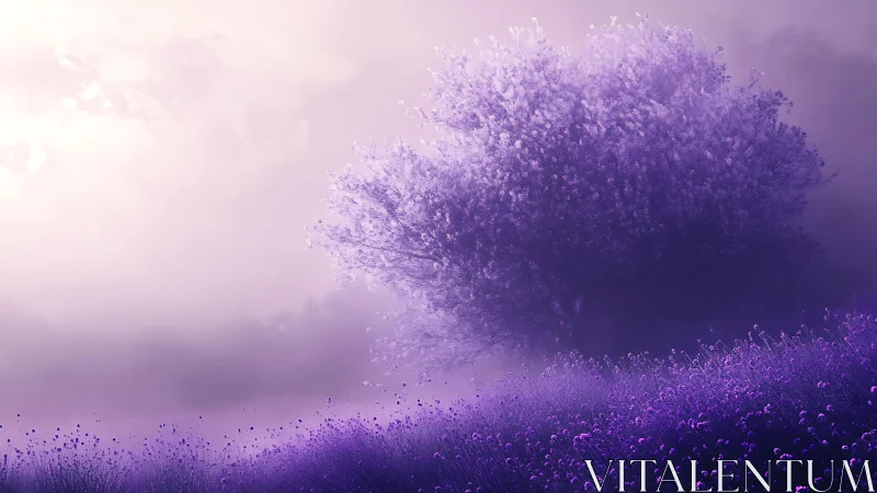 Solitary lavender tree in mist over purple wildflower slope.