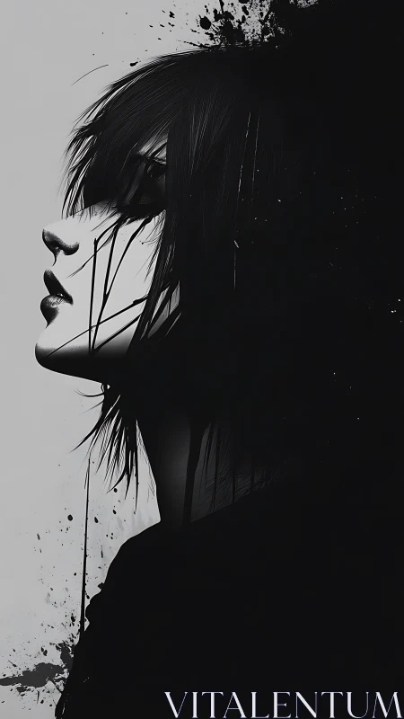 Monochrome profile portrait merging with ink darkness.