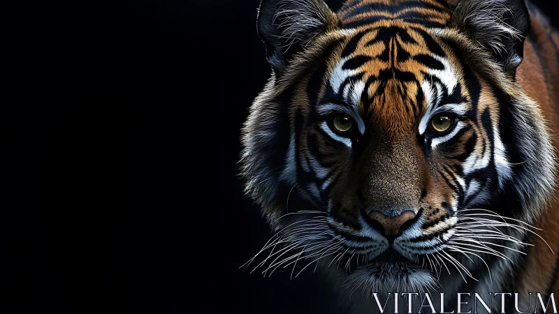 Tiger head study on black background in frontal close view.