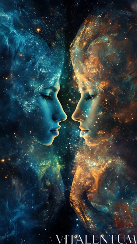 Celestial twin portraits in mirrored blue and amber nebulae.