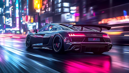 Neon storm racer slicing through electric midnight streets.