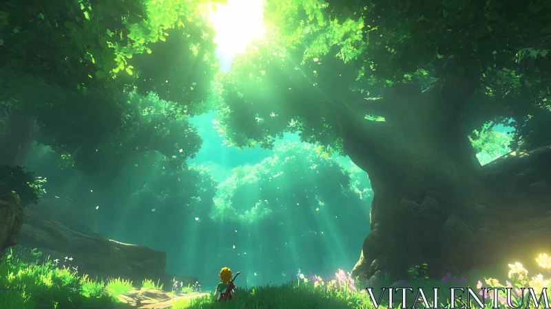 Sunlit forest sanctuary welcomes a small traveler with wonder