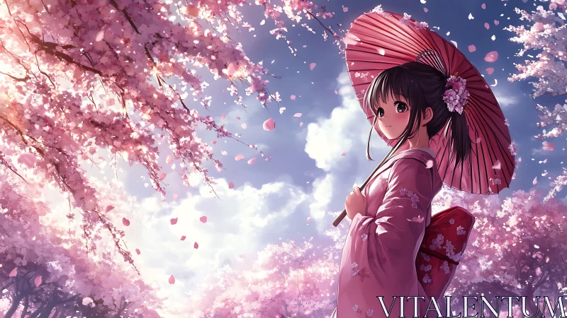 Anime girl under cherry blossoms with pink parasol in spring.