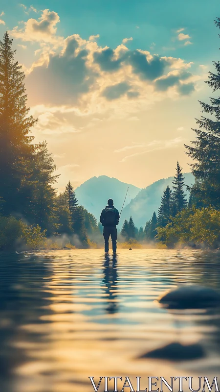 Cinematic fly fisher in misty alpine river at sunrise.