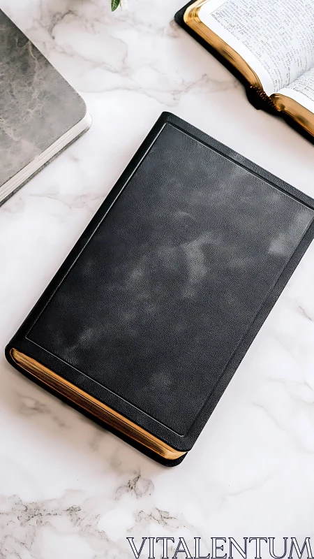Black leather-bound book on marble desktop surface.
