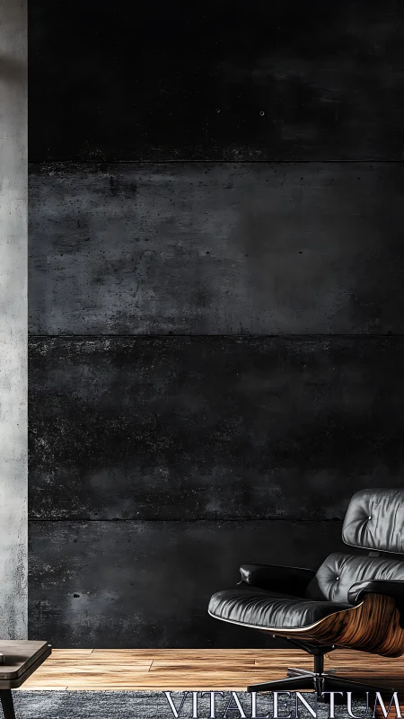 Ergonomic leather lounge chair against dark concrete wall.