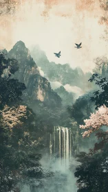 Layered misty mountains with cascading waterfall and birds in flight