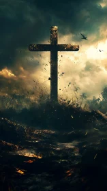 Weathered wooden cross in stormy cinematic wasteland sky
