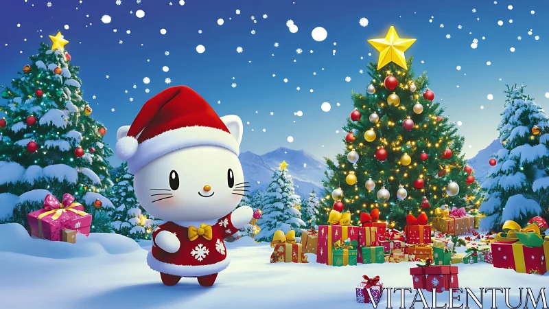 Cartoon cat in Santa outfit amid snowy Christmas scene.