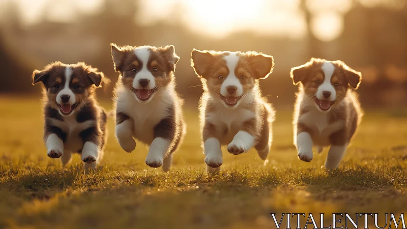 Four collie puppies run toward camera across sunlit grass