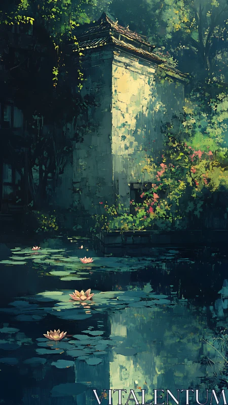 Sunlit stone pavilion by shaded lily pond in dense garden