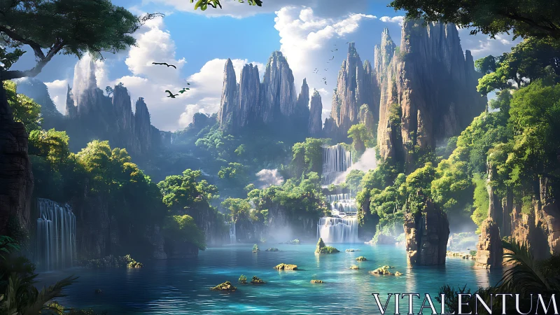 Misty emerald cliffs rise above cascading waterfalls and lagoons