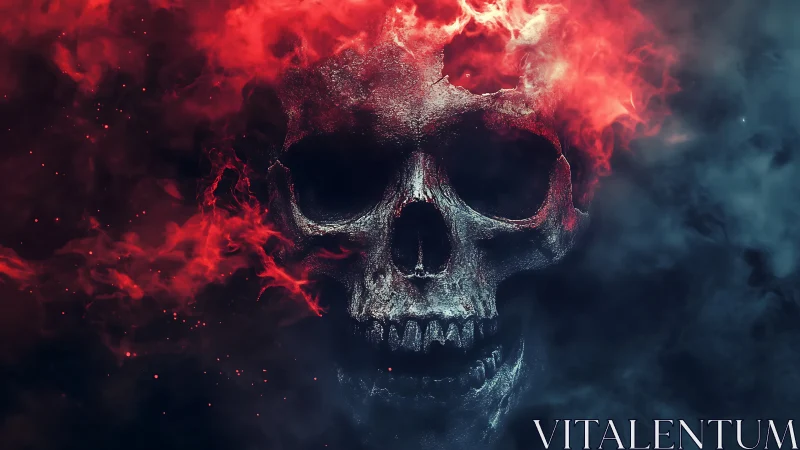 Human skull centered in dense red and blue digital smoke.