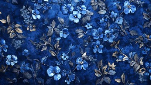 Blue Floral Tapestry with Gilded Botanical Details.