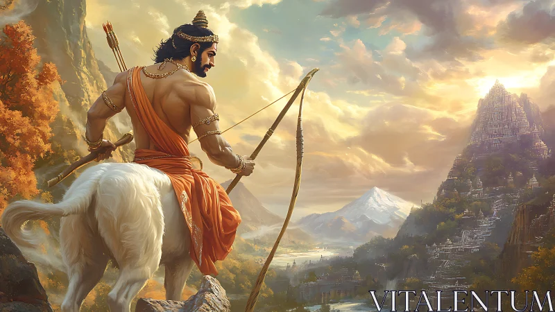 Mythic centaur archer overlooking stepped mountain citadel at dawn