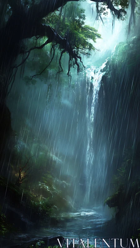 Misty Waterfall Canyon with Ancient Tree and Cascading Water