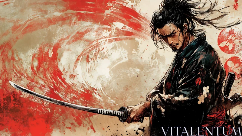 Samurai with drawn katana amid red abstract brush field.