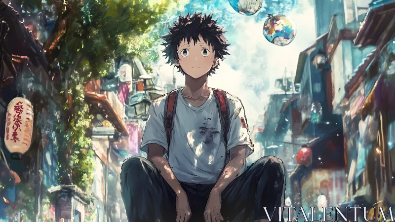 Anime boy resting in sunlit alleyway cityscape.