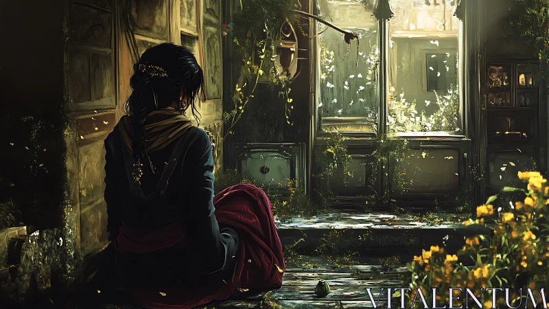 Solitary woman in overgrown sunlit room rendered in digital chiaroscuro