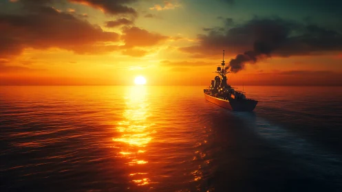 Warship silhouette at sea under cinematic sunset lighting.