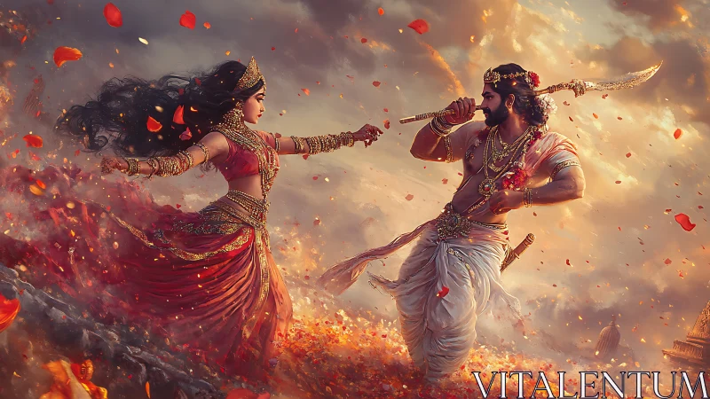 Mythic warriors duel amid volumetric clouds and dynamic petals