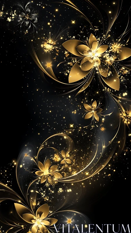 Digital gold floral fractal forms arc across a black field
